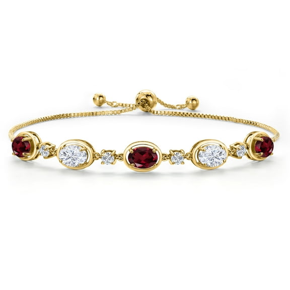 Gem Stone King 18K Yellow Gold Plated Silver Red Rhodolite Garnet and White Moissanite Bracelet for Women | 4.50 Cttw | Gemstone January Birthstone | Oval 7X5MM | Fully Adjustable 9 inch