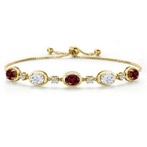 Gem Stone King 18K Yellow Gold Plated Silver Red Rhodolite Garnet and White Moissanite Bracelet for Women | 4.50 Cttw | Gemstone January Birthstone | Oval 7X5MM | Fully Adjustable 9 inch