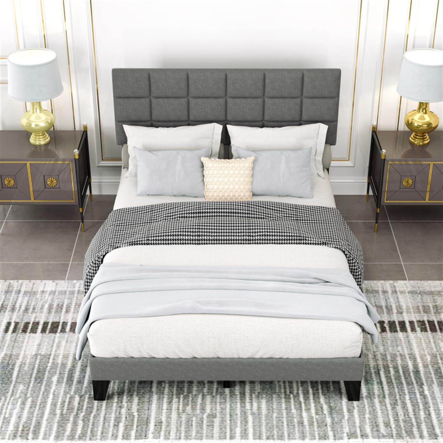 Demi Bonn Queen Size Bed Frame with Adjustable Headboard, Modern Linen Platform Bed Frame with 10 Strong Wood Slat Support, No Box Spring Needed, Gray