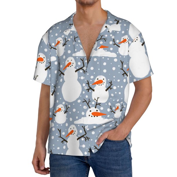 Balery Happy Snowmen Snowfall Camisa Casual de Manga Corta con Botones para Hombre, Texturizada, Estilo Cubano, para Playa, Verano-4X-Large