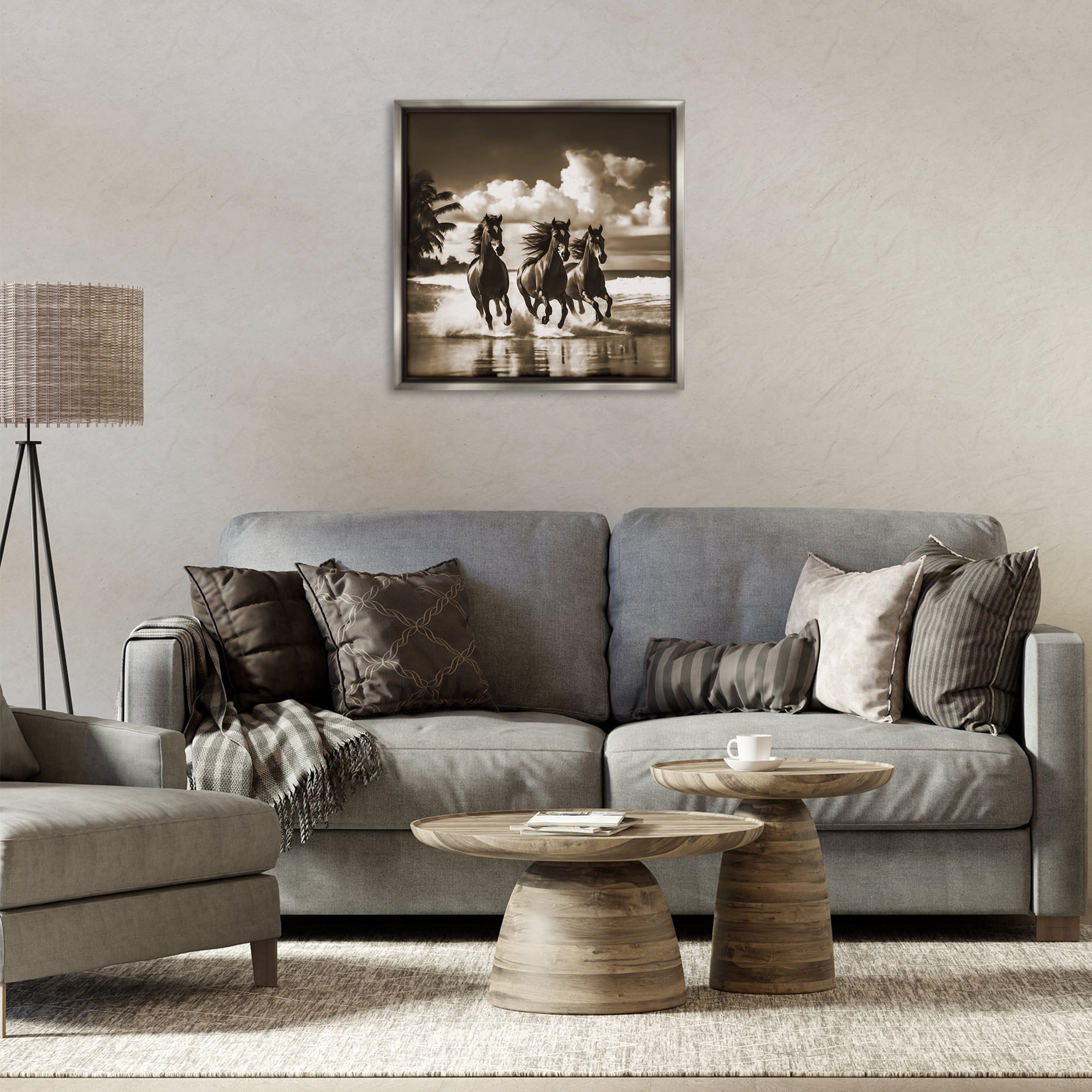 Stupell Industries Sepia Stallions Galloping Landscape & Nature Painting Gray Floater Framed Canvas Art Print Wall Art, 25 x 25