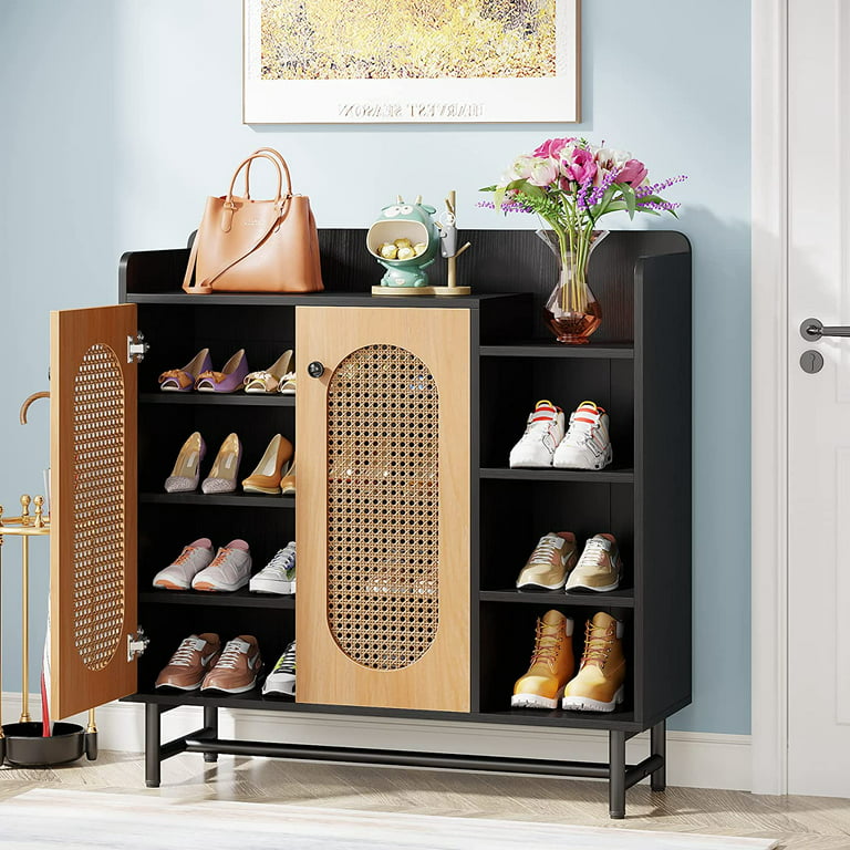 Tribesigns Shoe Cabinet, Rattan Shoe Storage Cabinet with Doors