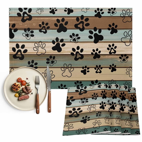 Farmhouse Vintage Placemats Set of 2, Pet Dog Paws Wood Texture Table Mats Washable Heat-Resistant Non-Slip Place Mats for Kitchen Dinner Table Indoor Outdoor Decor,13x19 Inch Brown
