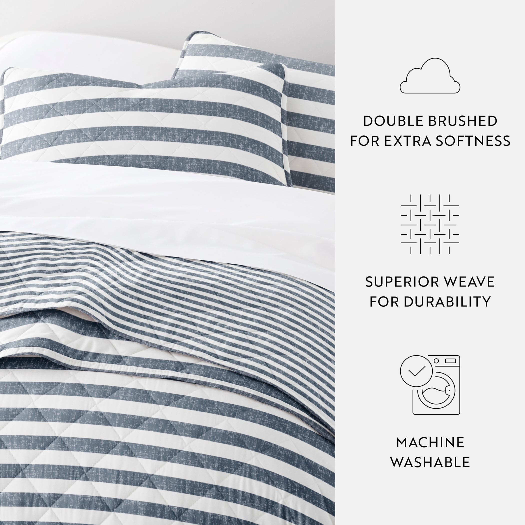 Noble Linens 3-Piece Dusk Blue Classic Stripe Reversible Quilt Set, King