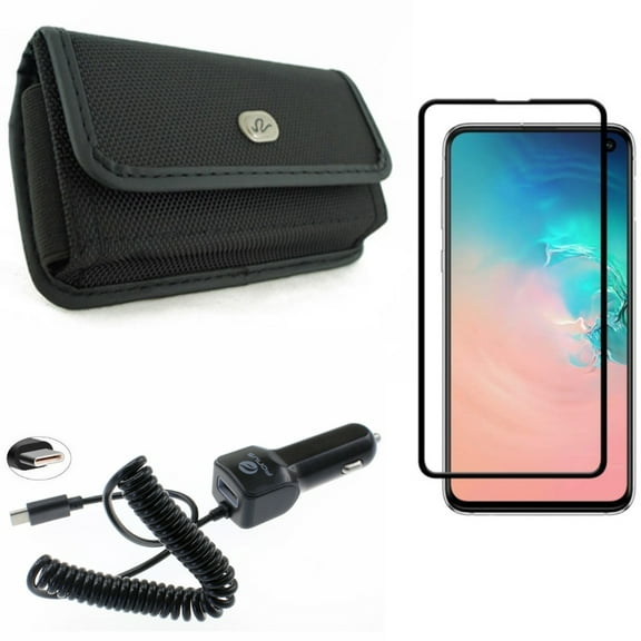 Galaxy S10e Car Charger w Case Belt Clip w Screen Protector - 3.1A Type-C Power, Rugged Holster Canvas, Tempered Glass 5D Curved Edge for Samsung Galaxy S10e Phone