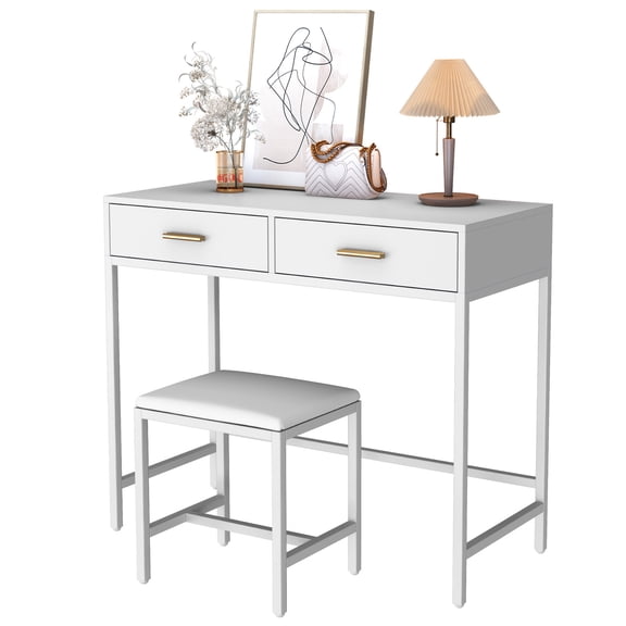 Teousev 35" White Writing Desk with Stool Set, Small Space Computer Desk with 2 Drawers for Students
