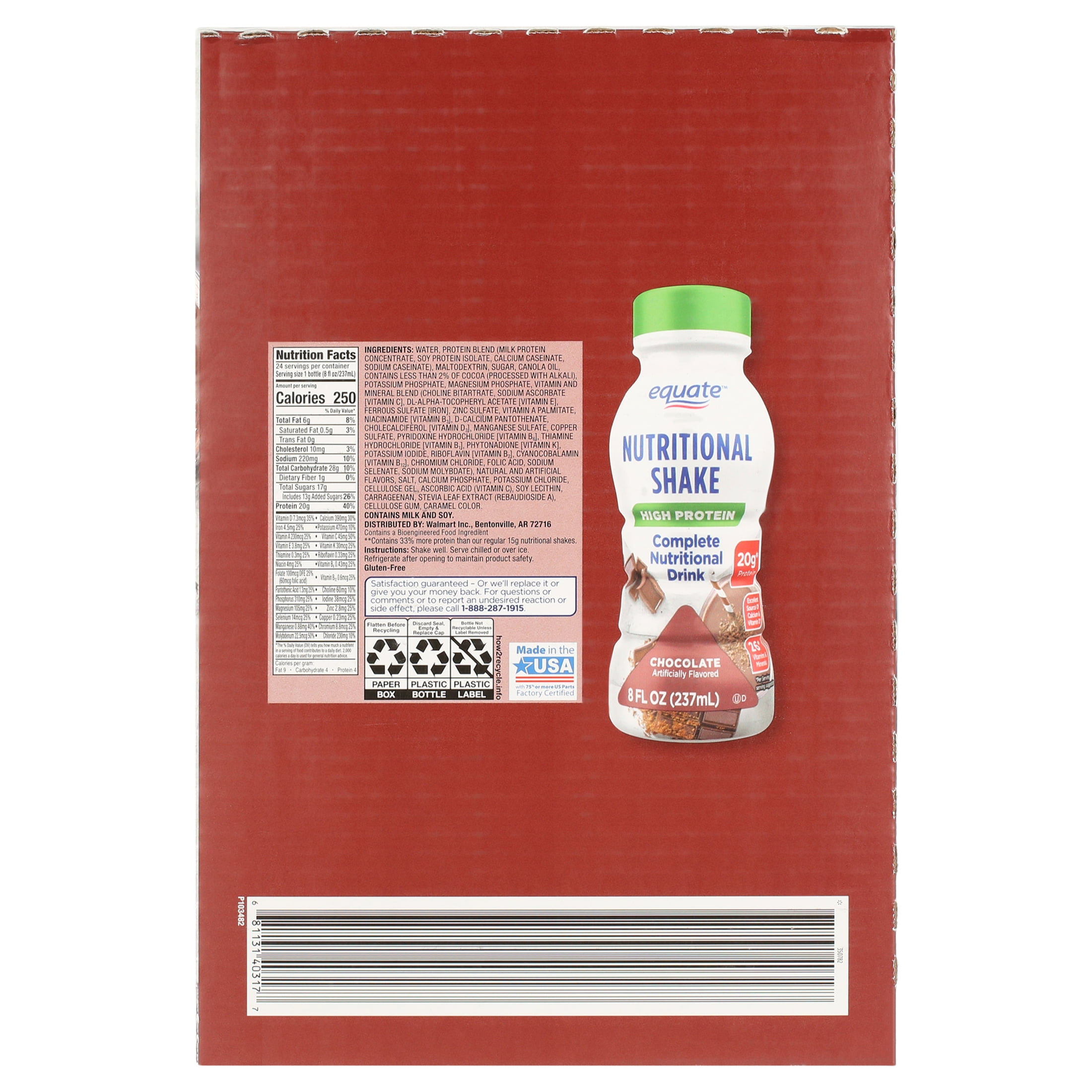 Equate High Protein Complete Nutritional Shake, Calcium and Vitamin D, Chocolate, 8 fl oz, 24 Count