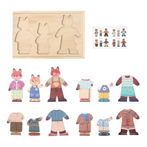 Wooden Fox Family Dress up Puzzle for Toddlers 1-3, Animal Puzzle Toy Sorting & Matching with Storage Case, Learning Educational Montessori Toy Gifts for Kids Boys Girls for 2-4 Years Old