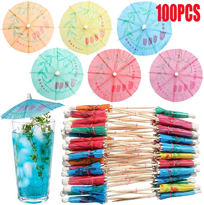 100 Pack Cocktail Beverage Umbrella Picks, Luau Parasols Toothpicks for