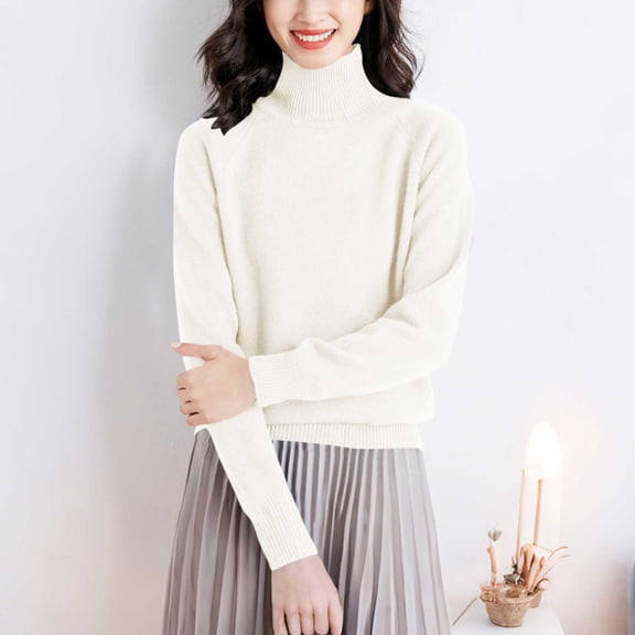 NTACZA Sweaters for Women Beige Basic Turtleneck Loose Fitting Sweaters Pullover Raglan Sleeve Jumper for Women L