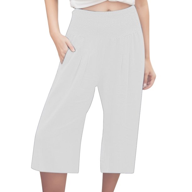 Pantalones capri casuales con cintura elástica y efecto lino para mujer - Pantalones deportivos de color liso con tejido crepé lavado para un uso diario cómodo