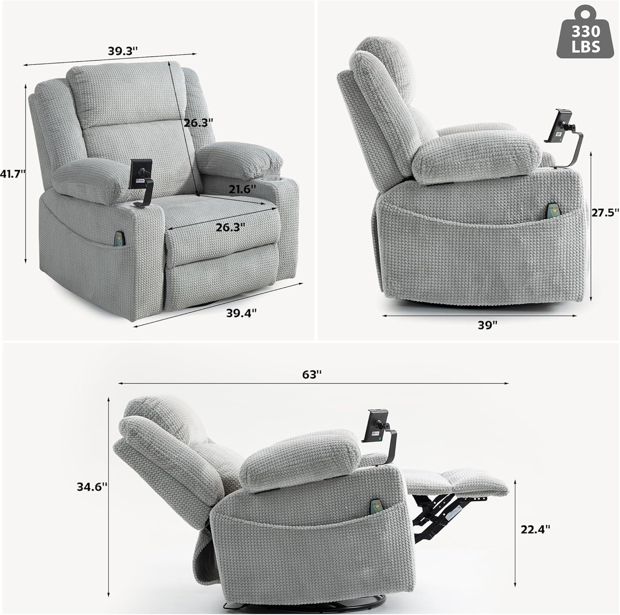 LITVZ Power Oversized Swivel Rocker Recliner with Adjustable Headrest, Dual Motor Glider Nursery Rocking Chair with Vibration Heat, USB A&C Ports, Armrest Storage, Cup Holder for Adults