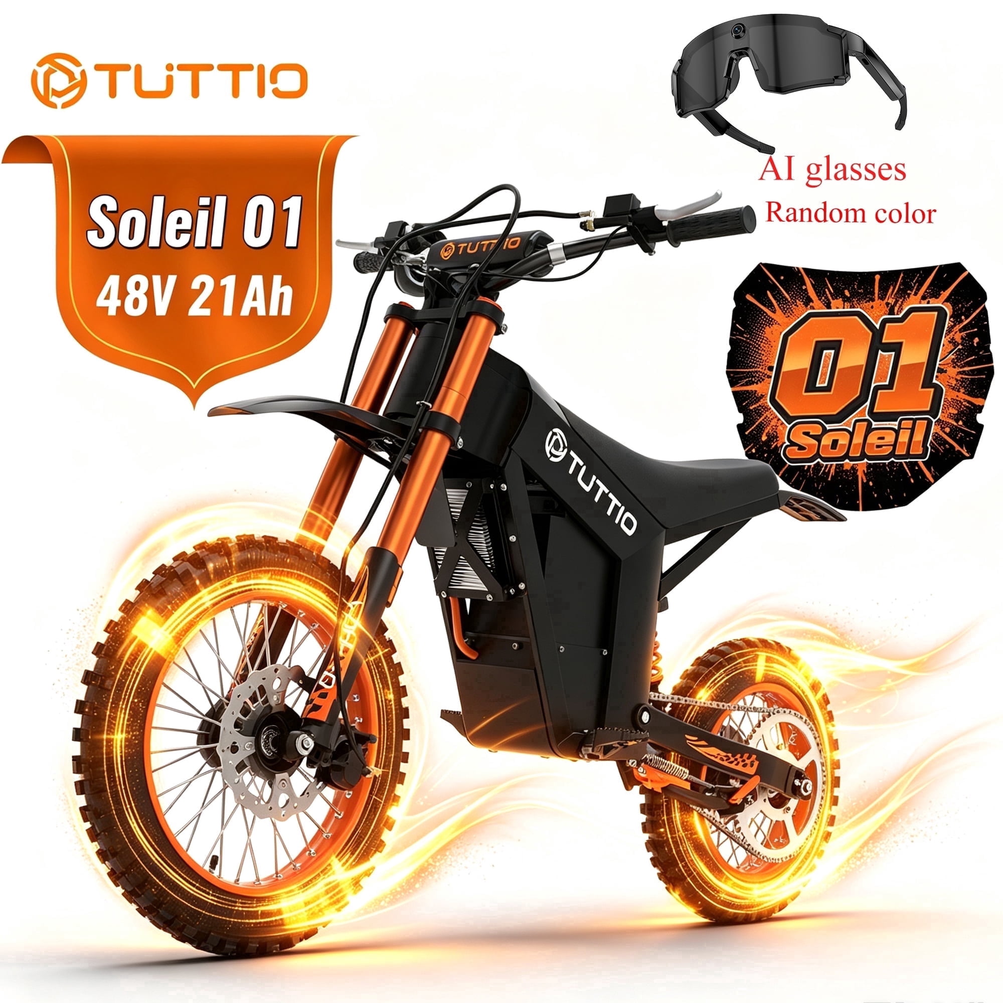 TUTTIO Soleil 01 Electric Dirt Bike,3000W 200N·m High Torque, 48V21AH Battery,Three-speed Adjustment, With a Top Speed of 40+ mph, 14"/12" Full Suspension Off-Road Motocross