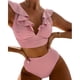 thumbnail image 1 of Bikini de 2 piezas para mujer, con volantes, cintura alta, con cordones, cuello en V, tirantes dobles, traje de baño para nadar en la playa, Rosa XL, 1 of 6