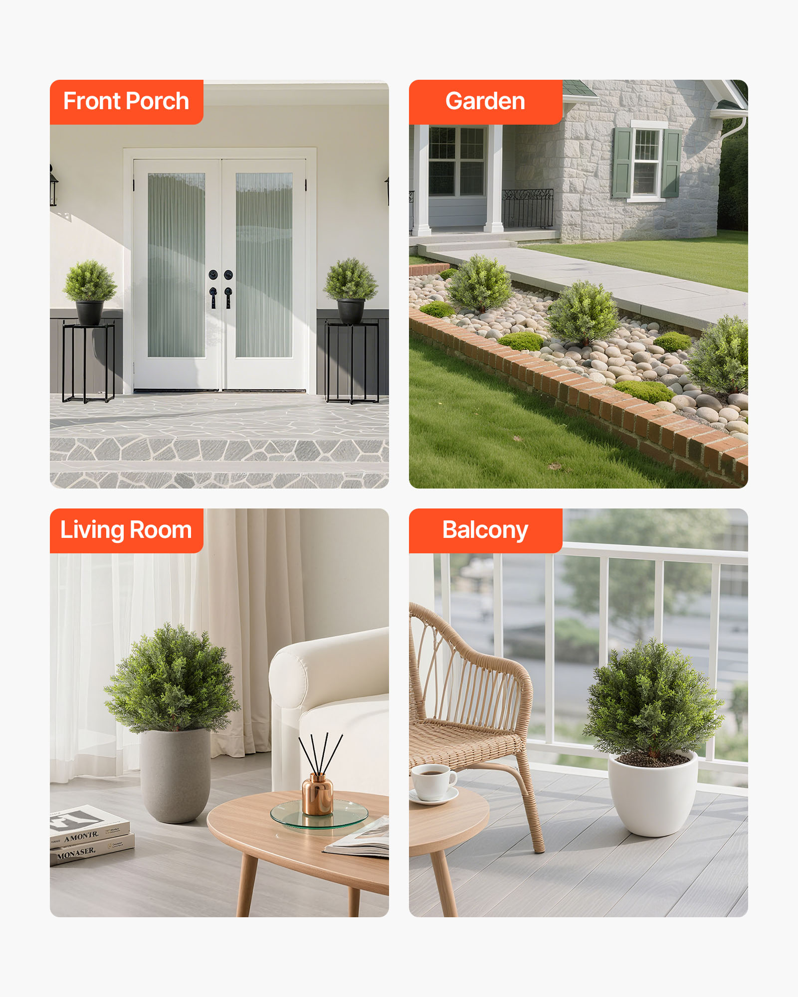 VEVOR Artificial Topiary Cypress Trees with Ground Spike, 16 inch 2 Set Faux Shrubs & Bushes Potted Plants, Fake Silk Tree Look Real for Decor Front Porch Outdoor Indoor Patio Garden Balcony Backyard