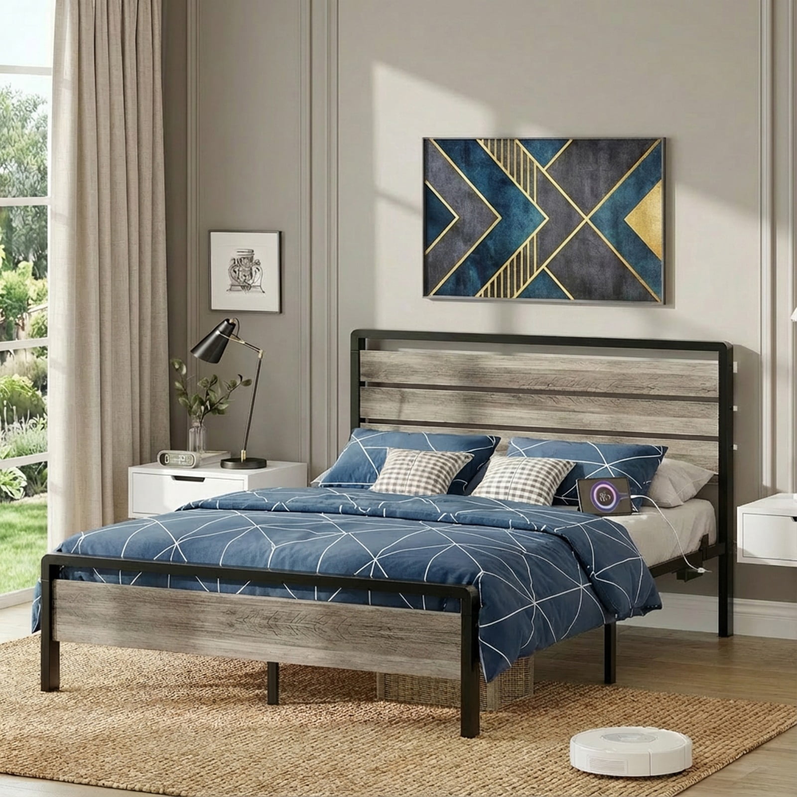 Zimtown King Platform Bed Frame with 12-Inch Under-Bed Storage, LED Lighted Headboard & Footboard, Modern Apartment Bedroom,Gray