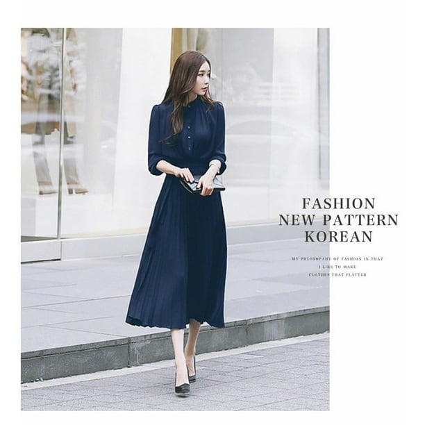 Elegant Chiffon Long Sleeve Shirt Dress Women Belt Lace Up A line Pleated Maxi Dress Korean Fashion 2022 Fall Clothes StreetwearS Gao Jinjia LED Bodega Aurrera en linea