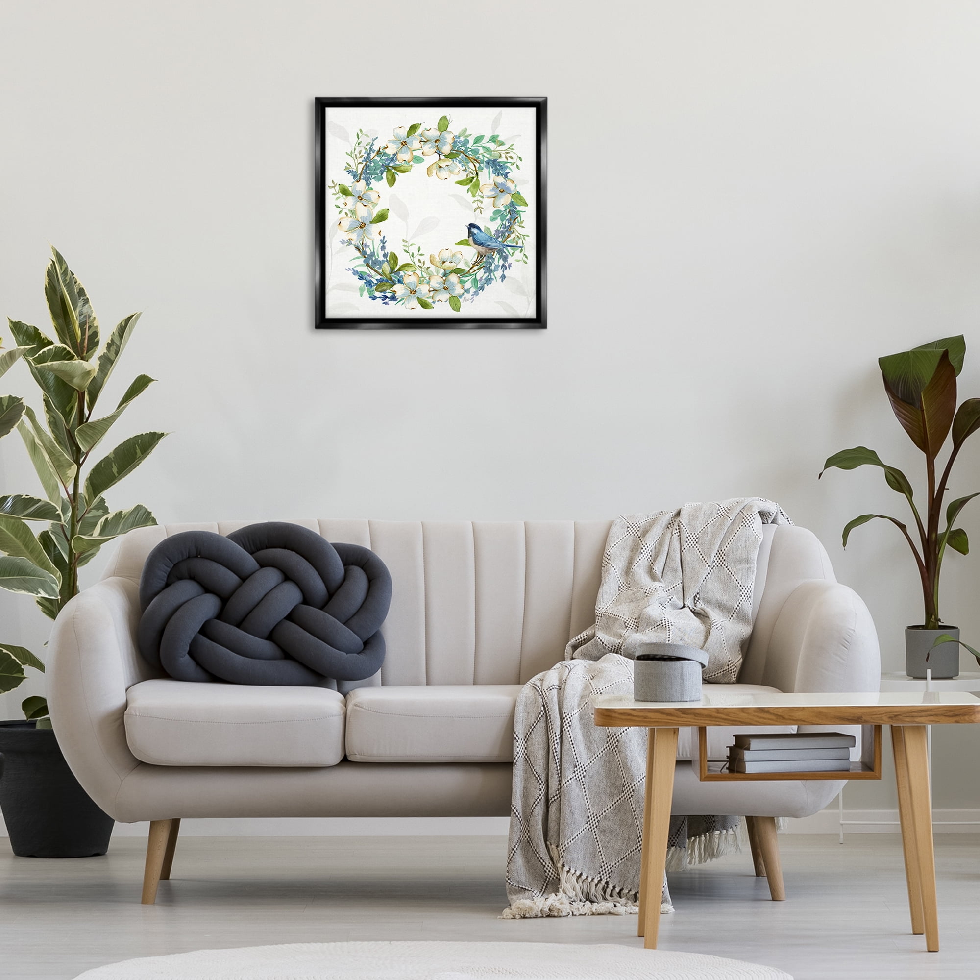 Stupell Industries Dogwood Wreath & Bluebirds Plants & Flowers Painting Black Floater Framed Canvas Art Print Wall Art, 25 x 25