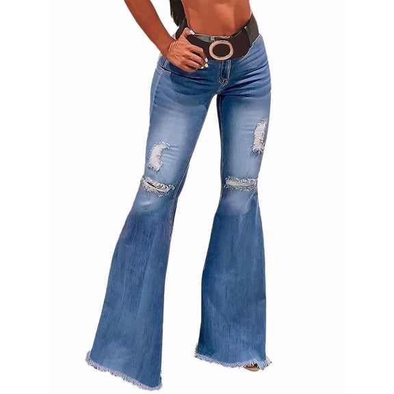 Jeans for Women Bootcut Ripped High Waisted Flare Jeans Distressed Ladies Casual Pants Trousers Medium Blue S
