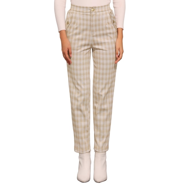Pantalones de tartán de mujer Inspire Chic, elásticos, de cintura alta, rectos y largos, talla XS, color caqui