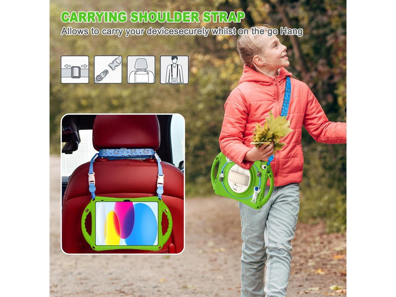 Cute Case for Apple iPad 10th Generation 10.9 inch 2022, Shockproof Silicone Astronaut Cover with Stand Shoulder Strap, Handle Grip, Pencil Holder Green