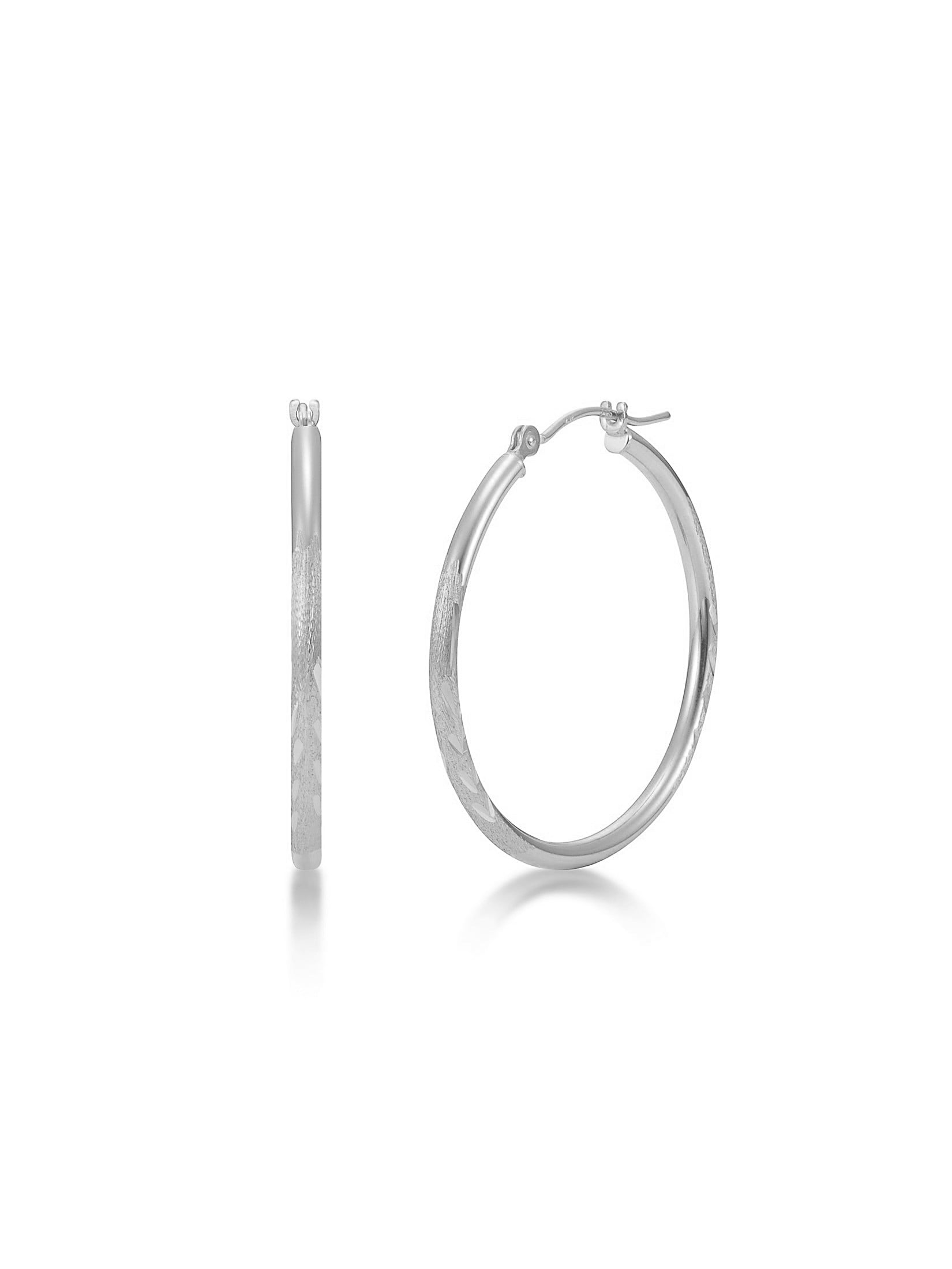 10k White Gold Satin & Diamond-cut 3mm Round Hoop Earrings Length 30mm