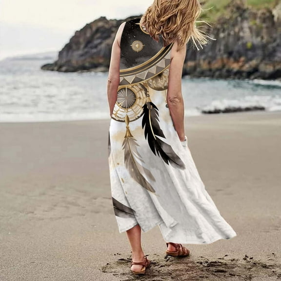 Women's Fashion Crew Neck Casual 3D Feather Print Cuffless Pocket Long Vest Dress Casual Dress Women Casual Dresses for Summer Petite Dresses for Women Casual Long Sleeve Loose Plain Dresses Long