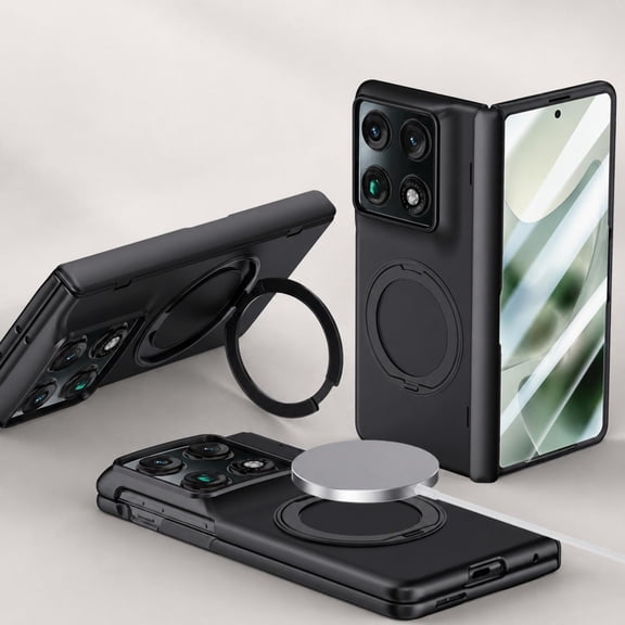 TECH CIRCLE Case for Moto Razr Fold, Magnetic Protective Phone Cover with 360° Rotating Ring Kickstand, Built-in Tempered Glass Screen Protector, Shockproof PC Case, Black