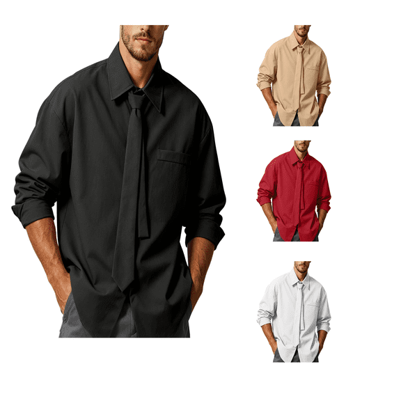 Atkumj Plus Size Mens Shirts with Matching Tie Dressy Casual Long Sleeve Button Down Shirt Solid Color Turndown Collar Dress Shirts M