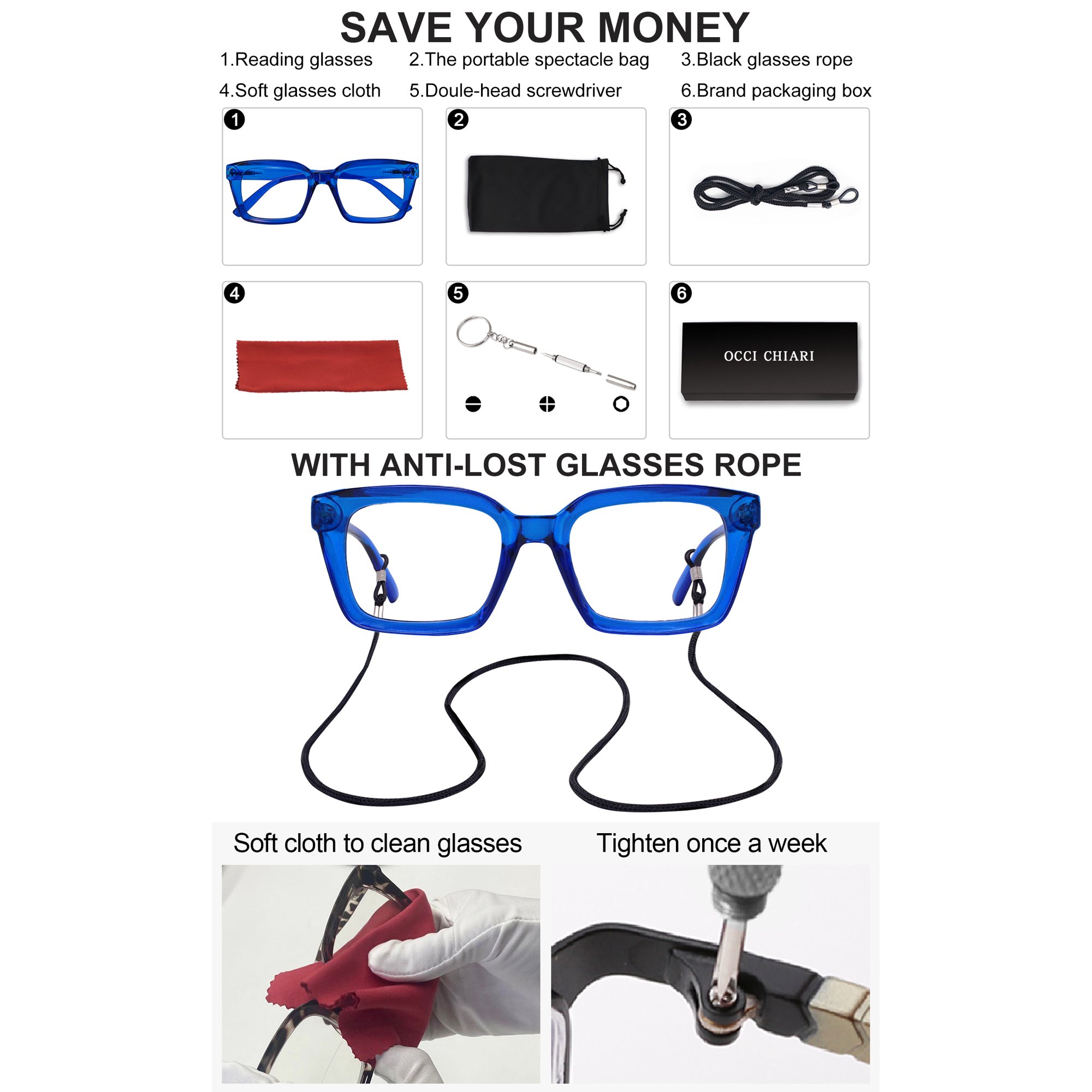 OCCI CHIARI Bifocal Computer Glasses for Women Square Blue Light Readers 1.00 1.50 2.00 2.50 3.00 3.50 (Blue, 3.0) Near Far Vision Dual-use, Acrylic Lens