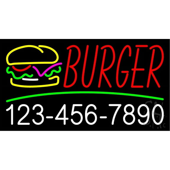Burgers Inside Burger with Phone Number LED Neon Sign 20 x 37 - inches, Black Square Cut Acrylic Backing, with Dimmer - Bright and Premium built indoor LED Neon Sign for restaurant decor.