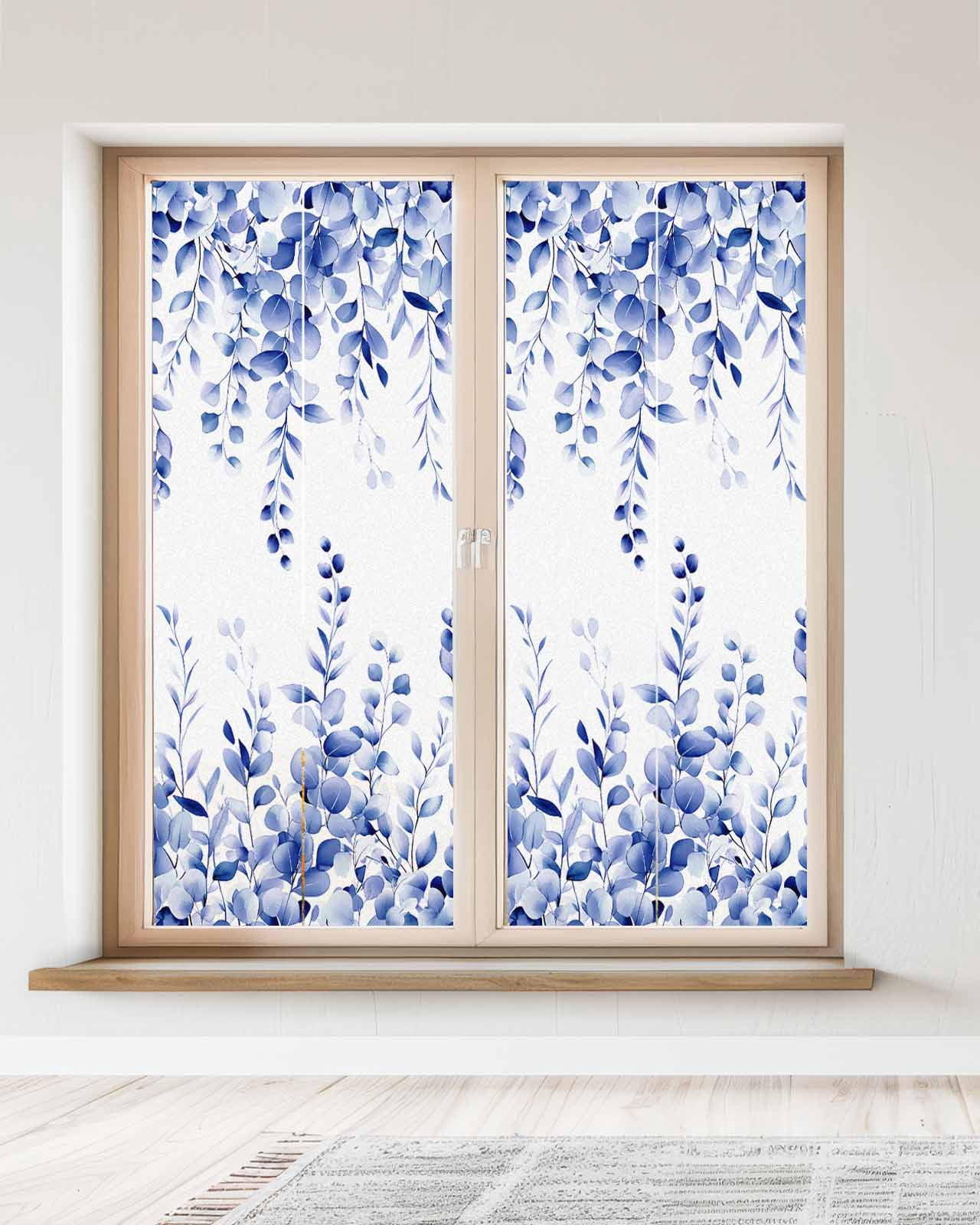 Window Privacy Film Eucalyptus Leaves Blue Stained Glass Window Film Decorative Sun Block Window Cover Watercolor Spring Botanical Window Clings Static Adhesive Sticker for Bathroom 23.6"x59"