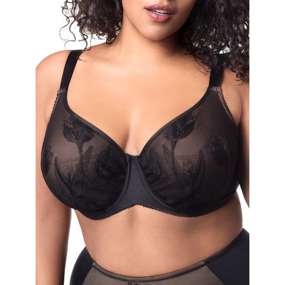 Women's Elila 2801 Tulip Embroidered Underwire Bra (Black Lace Nude 40J)