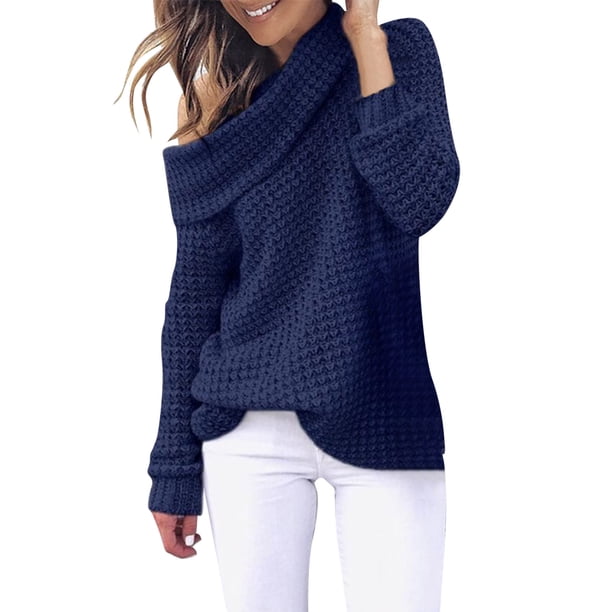 Gibobby SuéTer Para Mujeres De Moda Suéter de punto de bloque de color de manga larga con cuello redondo para mujer(Azul,M)