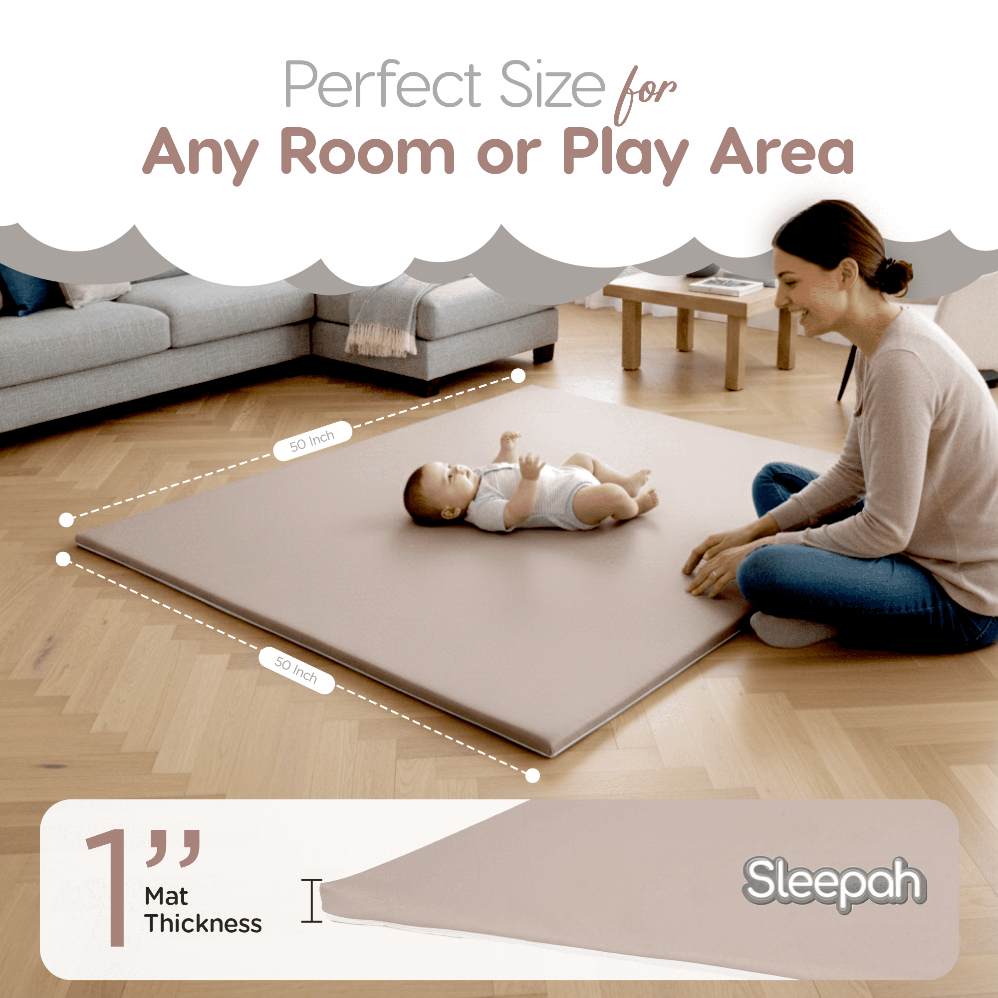 Sleepah Baby Play Mat for Floor 50" x 50" – Waterproof Vegan Leather Tummy Time Mat – Easy to Clean with Removable Cover – Foam Support with Non-Slip Bottom for Infant, Kids & Toddler Crawling - Tan