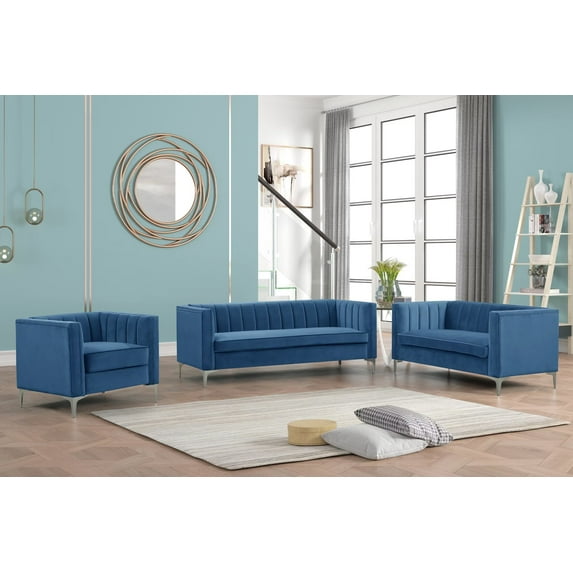 Morden Fort Contemporary Living Room Set Velvet Upholstered Accent Chair Loveseat Sofa Blue
