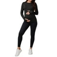 thumbnail image 2 of INSPIRE CHIC Maternity Slim Fit Shirt Stretchy Long Sleeve T-Shirts Thumbholes Round Neck Pregnancy Yoga Top M Black, 2 of 6