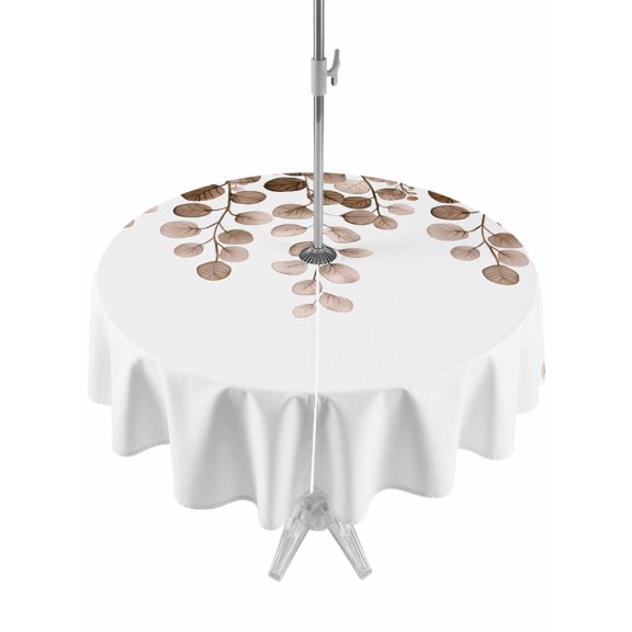 Outdoor Table Cloth with Umbrella Hole and Zipper, Brown Eucalyptus Leaves Waterproof Round Tablecloth 54 Inch, Watercolor Floral Leaf Plants Washable Table Cover for Outside Party Patio Picnic