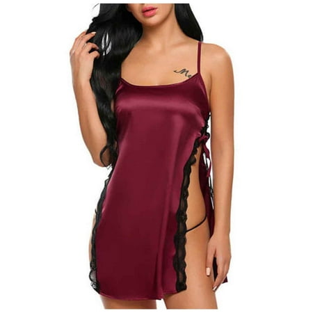 

DNDKILG Womens Satin Sexy Sleepwear Full Slip Spaghetti Strap Lingerie Teddy Nightgown Babydoll Wine L
