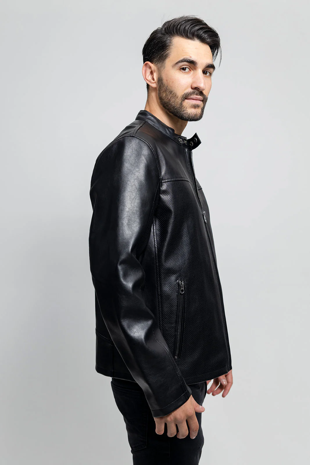 Whet Blu OLIVER Vegan Faux Leather Fashion Ban Collar Lightweight Casual Zip Up Jacket Men Black 2XL