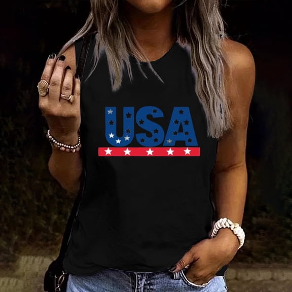 Xdegoge Patriotic USA Stars and Stripes Letter Print Tank Top for Women Sleeveless Crewneck Classic Casual Shirt For Independence Day 4th of July Daily Tees Tops