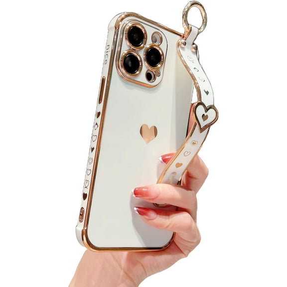 Compatible with iPhone 14 Pro Max 5g Case with Heart Wrist Hand Strap, Plating Luxury Cute Love Heart Camera Protection Cover with Side Small Pattern Shockproof Kickstand Bumper (White)