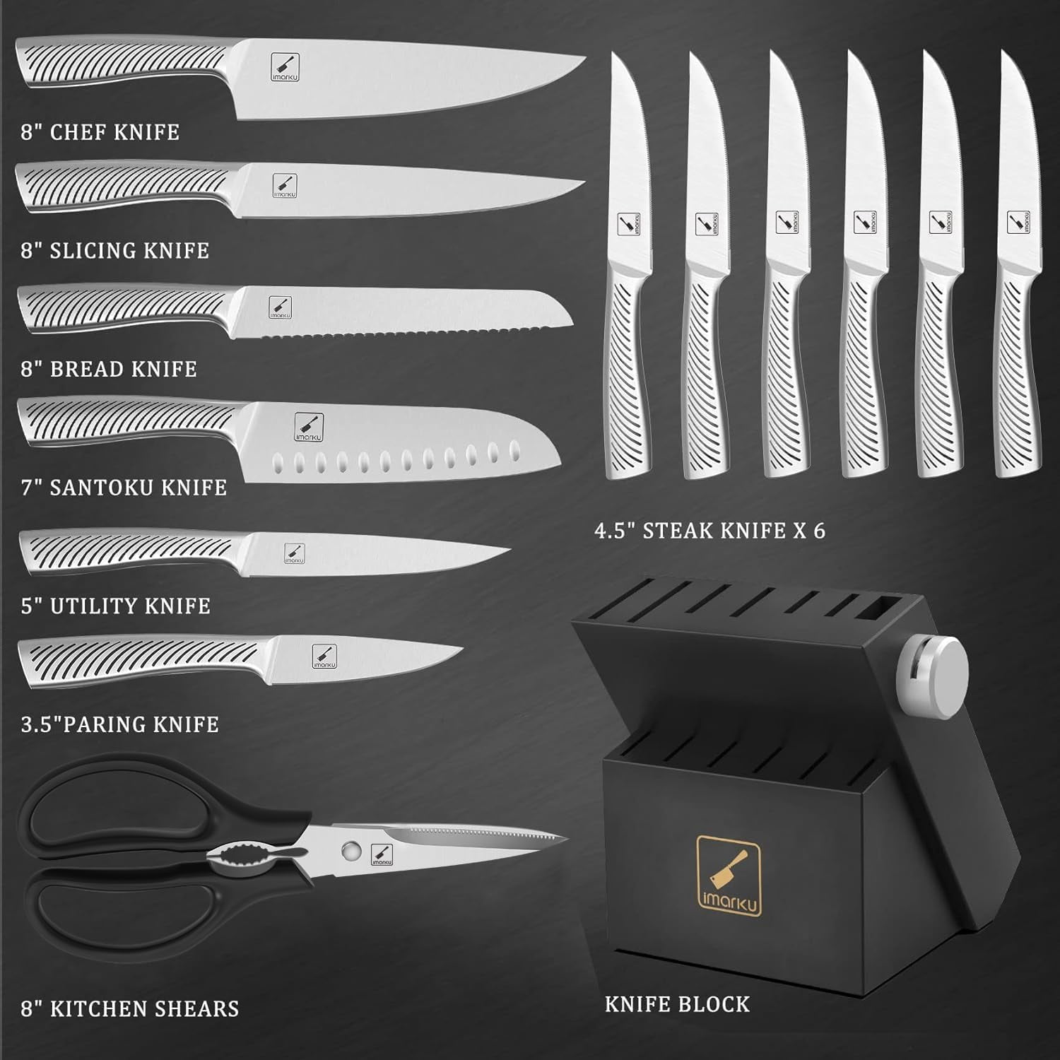 imarku Knife Set - Knife Sets for Kitchen with Block, 14PCS High Carbon Stainless Steel Kitchen Knife Set, Dishwasher Safe Knife Block Set with Ergonomic Handle,Fathers Day Gifts