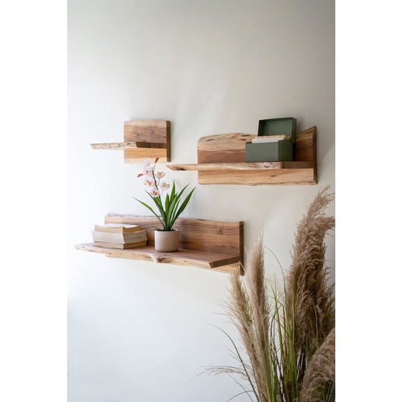 SET OF THREE ACACIA WOOD FLOATING WALL SHELVES