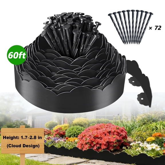 60FT Landscape Edging with 72 Anchoring Pegs, HeavyDuty Garden Edging Border with Elegant Cloud Design, Paver Edging for Lawn and Garden Fence, Black