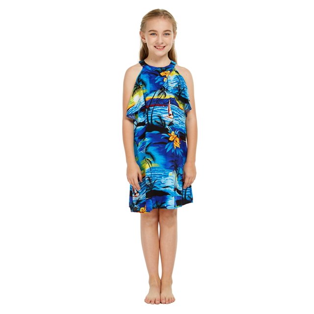 Robe Hawaïenne pour Fille à Col Rond avec Volants au Coucher de Soleil Néon