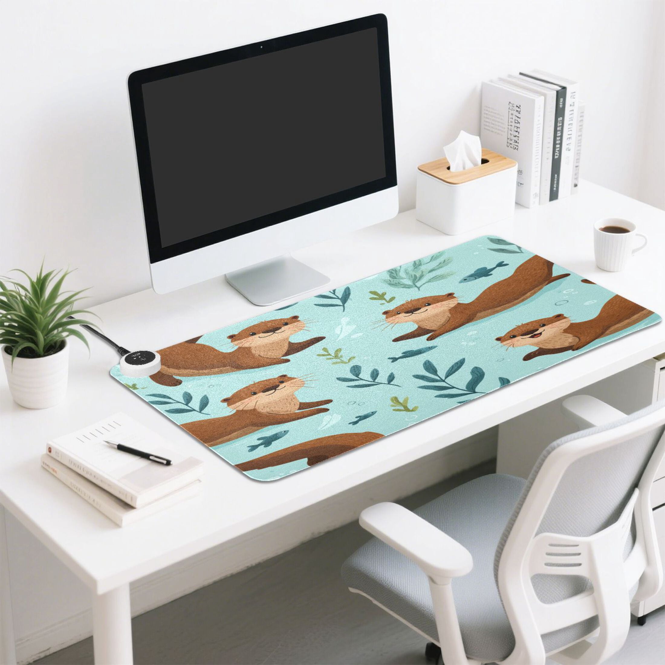Large Heated Desk Mat Mouse Pad 31.5"x13"PU Leather Graphene Heating Desk Warmer with 3 Temperature Settings 110V US Plug Non-Slip Warm Pad for Home, Office, and Gaming Happy Otter Underwater Art
