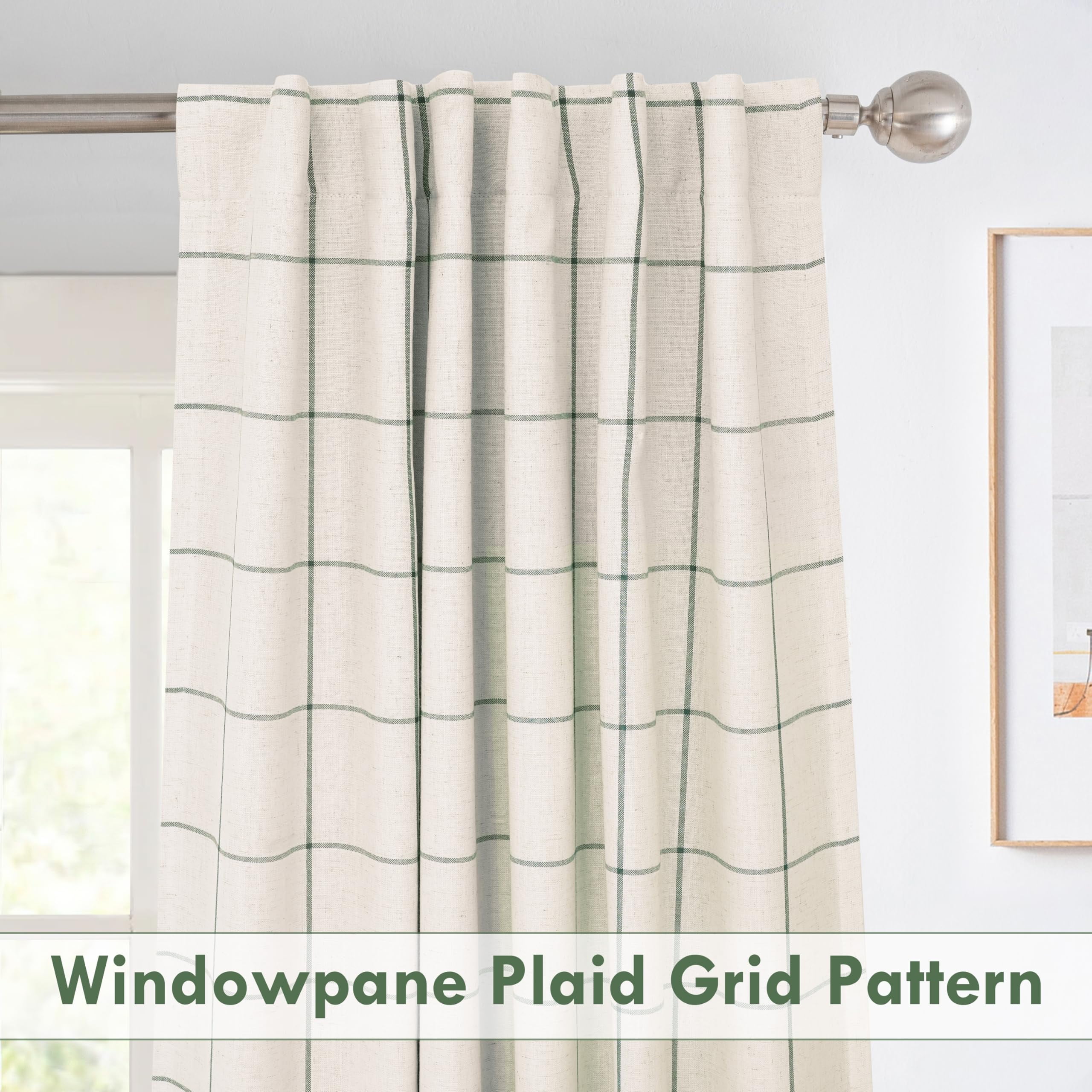 DriftAway 2 Panels 100% Blackout Windowpane Plaid Linen Curtains Double Layer Drapes for Bedroom 90 Inches Long Farmhouse Thermal Insulated 3.25 Inch Rod Pocket Back Tab for Living Room Loden Green