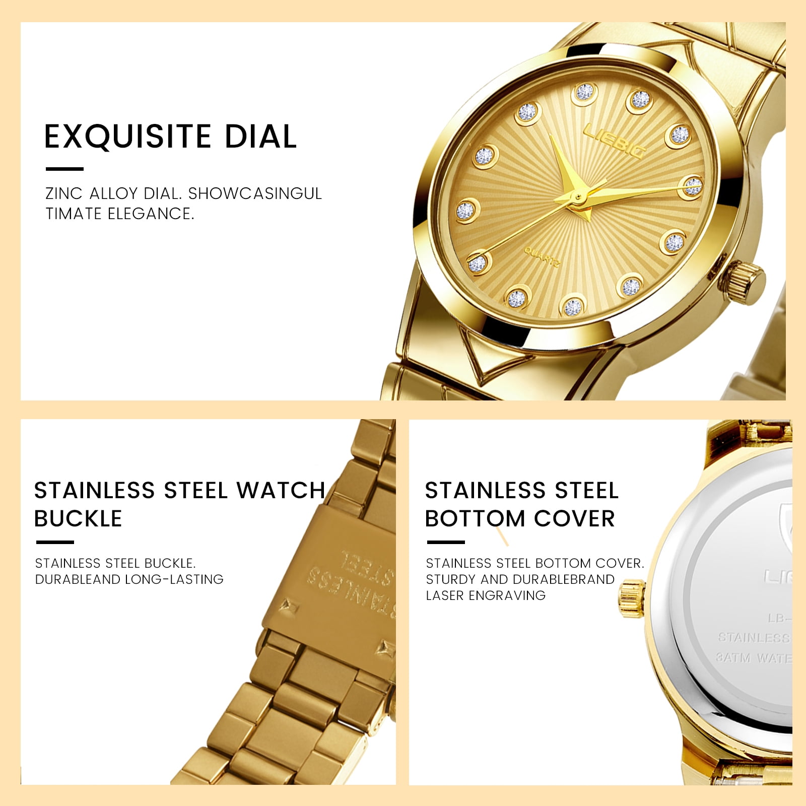LIEBIG Small Gold Watches for Women Easy Read Ladies Quartz Wrist Watch 3ATM Waterproof Fashion Luxury Female Womens Watch