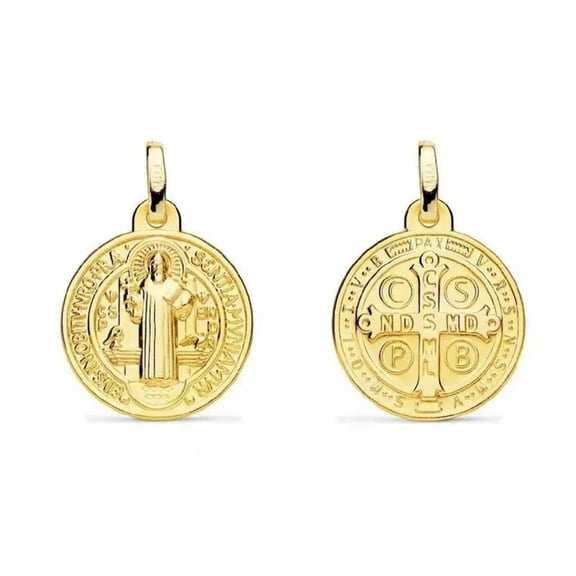 18K Solid Yellow Gold Saint Benedict Medal 14 mm by Amalia Jewelry